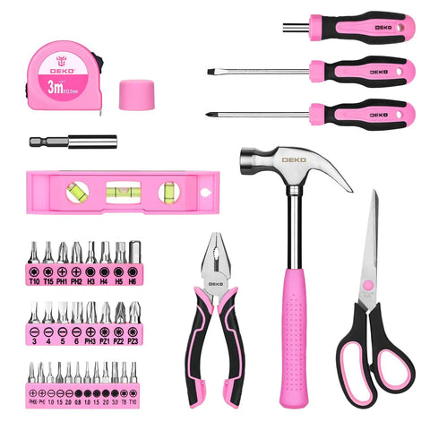 Pink Tool Set For Women Home Repair Kit 42 Piece All Purpose DIY Tools with screwdrivers, hammer, pliers, and fasteners.