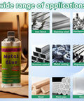 Heavy Duty Workhorse Metal Repair Epoxy Glue 1.76 Oz Waterproof Two Part Bond For Stainless Steel Aluminum Plastics Ceramics To Metal With 1 To 1 Mix And Easy Push Squeegee Application next to various materials showing application range including iron, stainless steel, hardware, aluminum, magnesium, wood, plastic pipe, and glass.