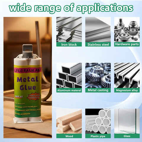 Heavy Duty Workhorse Metal Repair Epoxy Glue 1.76 Oz Waterproof Two Part Bond For Stainless Steel Aluminum Plastics Ceramics To Metal With 1 To 1 Mix And Easy Push Squeegee Application next to various materials showing application range including iron, stainless steel, hardware, aluminum, magnesium, wood, plastic pipe, and glass.