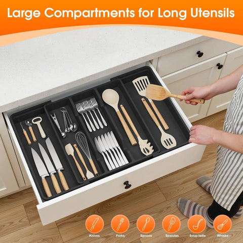Expandable Silverware Drawer Organizer For Kitchen Drawers 3 To 5 Compartments Utensil Tray Fits Spoons Forks And Knives Black BPA Free