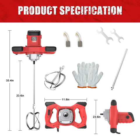 Beast 2100W Electric Cement Mixer With 6 Speed Settings, shown with specifications and accessories, including gloves and wrenches.