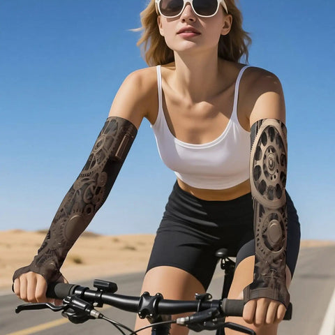 Kick Butt In The Dog Days Of Summer With Steampunk Mechanical Gear Ice Silk Arm Sleeves on a cyclist's arms outdoors.