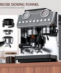 Badass Espresso Machine With Integrated Grinder And Twenty Bar Pressure For Smooth Morning Sips Featuring Thirty Precision Grind Levels Five Eight Millimeter Portafilter And Pro Steam Wand For Creamy Lattes In Sleek Iron Grey with precise dosing funnel.