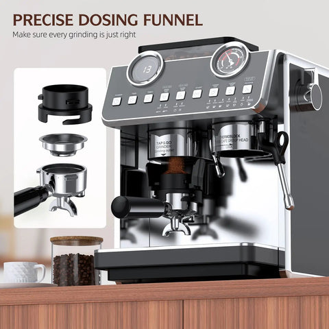 Badass Espresso Machine With Integrated Grinder And Twenty Bar Pressure For Smooth Morning Sips Featuring Thirty Precision Grind Levels Five Eight Millimeter Portafilter And Pro Steam Wand For Creamy Lattes In Sleek Iron Grey with precise dosing funnel.