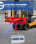 Heavy Duty Forklift Lifting Hook With 4400 Lbs Capacity, Swivel 360 Degree Rotation, Security Latch, Dual Large T Screws, Red Mobile Crane Style Hoist Hook, Easy Slide On Pallet Forks, Ideal For Warehouse Hoisting And Load Handling, red forklift hook lifting a 4400 lb cylinder