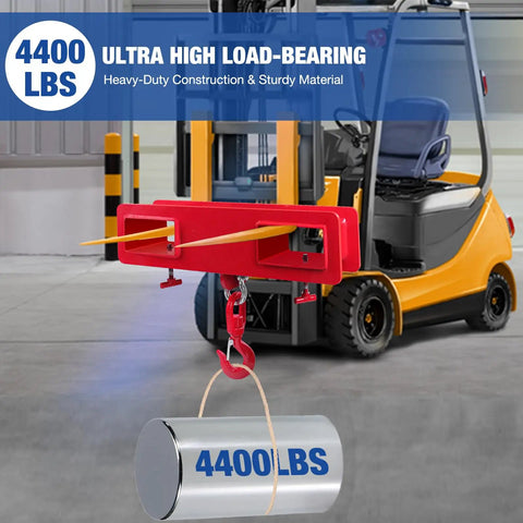 Heavy Duty Forklift Lifting Hook With 4400 Lbs Capacity, Swivel 360 Degree Rotation, Security Latch, Dual Large T Screws, Red Mobile Crane Style Hoist Hook, Easy Slide On Pallet Forks, Ideal For Warehouse Hoisting And Load Handling, red forklift hook lifting a 4400 lb cylinder