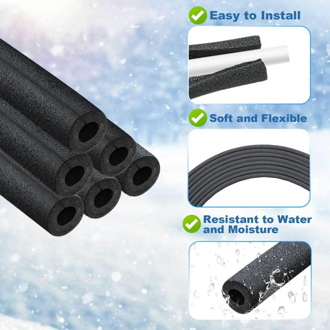 Insulating Foam Pipe Covers For Outdoor And Indoor Water Lines, Heavy Duty Foam Tube Insulation For Freeze Protection, Fits Three Quarter Inch Pipes, 12 Pack, Easy Slip On Outdoor Water Pipe Sleeve displayed with easy installation and water resistance features.
