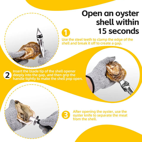 Stainless Steel Handheld Oyster Shucking Kit With Pro Grade Shucker Two Oyster Shucking Knives And Cut Resistant Gloves for safe shucking