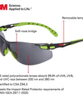 Solus 1000 Safety Glasses With Scotchgard Anti Fog Coating Gray Lenses Green Black Frame Padded Temples