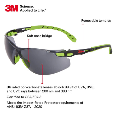 Solus 1000 Safety Glasses With Scotchgard Anti Fog Coating Gray Lenses Green Black Frame Padded Temples