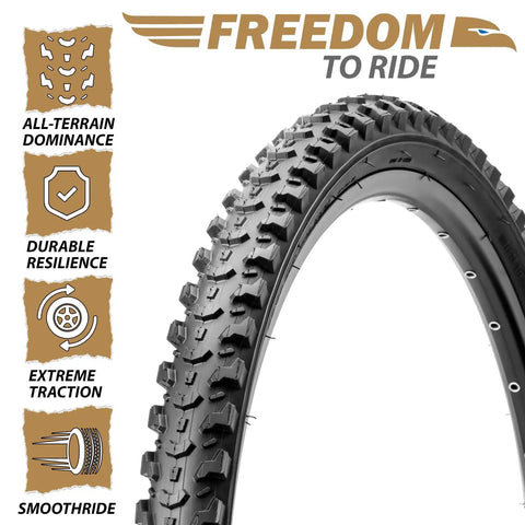 Close-up of 20x2.125 Inch Mountain Bike Tire Set with textured tread, durable resilience features, and all-terrain dominance