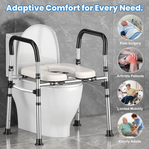 Premium Raised Toilet Seat Featuring Secure Grip Handles For Seniors And Pre And Post Surgery Recovery Built Tough With Anti Slip Base No Hassle Setup Supports Four Hundred Pounds FSA HSA Approved Bath Gear