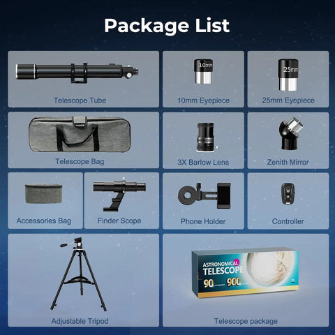 Package contents of High Powered 90mm Refractor Telescope For Adults With 900mm Focal Length, 36X To 270X Zoom, Sharp Optics