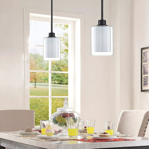 Two Pack 1 Light Indoor Hanging Kitchen Island Pendant Lights With 5 Inch Clear Frosted Glass Shades In Sleek Black Finish