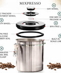 Diagram displaying the components of 16 Ounce Stainless Steel Coffee Canister With Scoop For Fresh Beans, Airtight Storage With One Way CO2 Valve And Date Tracker Lid, Keeps Beans Fresh As Day One And Flavor Packed.