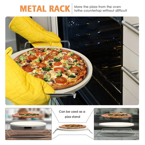 5 Piece Round Pizza Stone Set With 13 Inch Stone, Serving Rack in use with pizza being placed into the oven.