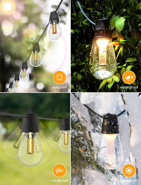 50Ft Led Outdoor String Lights With Dimmer And App Control, weatherproof S14 Edison bulbs in sun, water, wind, and snow.