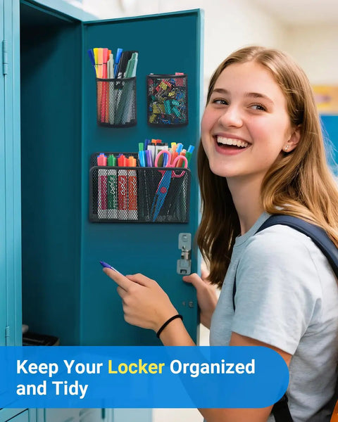Student using Magnetic Pen Holder With Heavy Duty Magnets Metal Pen Cup And Marker Storage Organizer in locker