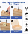 Guide showing steps to install 60 Sets Mini Hinges With Screws 0.6 Inch 270 Degree Folding Butt Hinges on a wooden jewelry box.