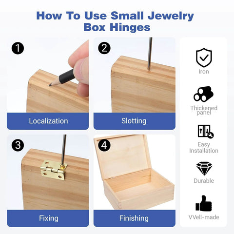 Guide showing steps to install 60 Sets Mini Hinges With Screws 0.6 Inch 270 Degree Folding Butt Hinges on a wooden jewelry box.