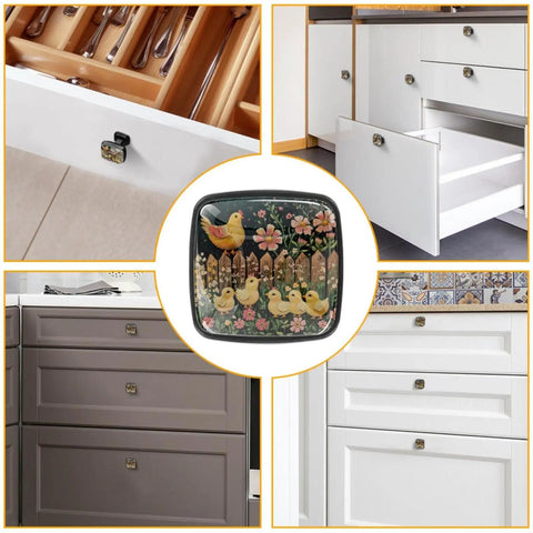 Four Pack Square Cabinet Knobs Set Black Glass And ABS Handles For Kitchen Cabinets with decorative flower and fence style.