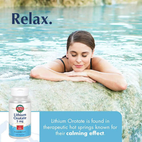 Lithium Orotate Mood Support Supplement bottle in front of woman relaxing in hot spring, promoting calm vibes and mood stability.