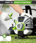 Person starting 6 In 1 Backpack Gas Powered Weed Eater Kit With 52cc 2 Stroke Engine Includes String Trimmer Hedge Trimmer