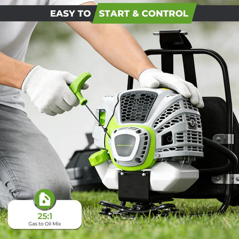 Person starting 6 In 1 Backpack Gas Powered Weed Eater Kit With 52cc 2 Stroke Engine Includes String Trimmer Hedge Trimmer