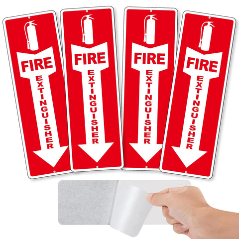 Four Pack Fire Extinguisher Signs, Self Adhesive Aluminum Safety Signs For Business, 12x4 Inches, weather resistant red signs