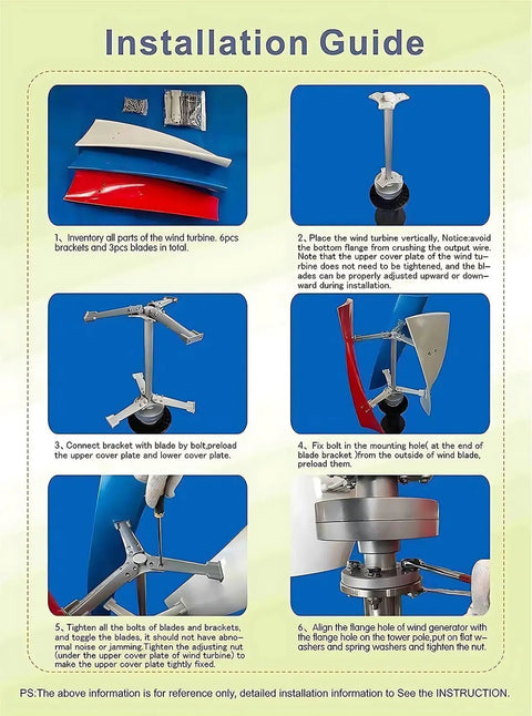 Dope Vertical Wind Turbine Generator 1500W 12V 24V 48V With MPPT Low Noise installation guide steps 1-6.
