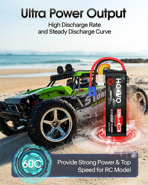 Beefy 6S 5200mAh 22.2V 60C LiPo Battery With EC5 Plug beside RC car on sandy beach illustrating power and performance