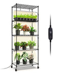 Five Tier Plant Stand With Four 24W Full Spectrum T8 Grow Lights, indoor gardening, adjustable shelves, and timer visible