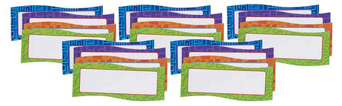 Set of 20 colorful Magnetic Name Plates For Desks And Classrooms Reusable Dry Erase Name Tags in orange, green, blue, and purple.