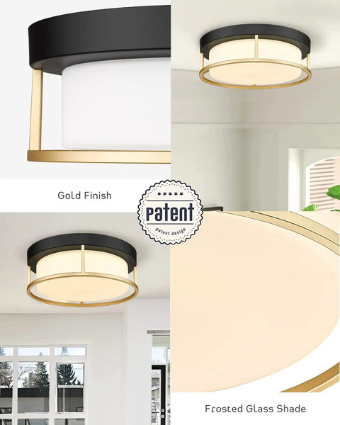 Dope Industrial Chic LED Flush Mount Ceiling Light 12 Inch 24W 1100 Lumens Dimmable 3000K Matte Black Gold Frame With Frosted Glass