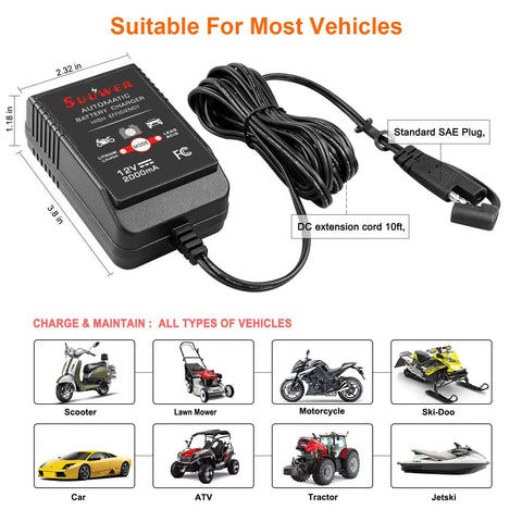 No Fuss Automatic Smart Battery Charger For 12 Volt Cars Features 2A Precision Cycles with SAE plug and 10ft cord for various vehicles.