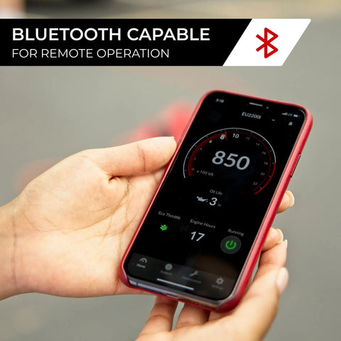 Smartphone displaying app interface for Honda EU2200i 2200 Watt Inverter Generator with Bluetooth remote control capability.