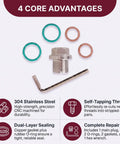 M14.1-1.5 Oversize Piggyback Oil Drain Plug Bolt Kit With Rethread Tool Plus Hex Wrench And O-Rings For Universal Automotive Trucks And SUVs Stainless Steel Self Tapping Design, stainless plug, washers, and wrench