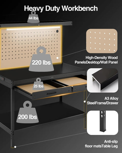 Heavy Duty Garage Work Bench With Drawers Lights Pegboard And Twelve Hooks Storage System Holds Up To 600 Lbs built for tool nerds