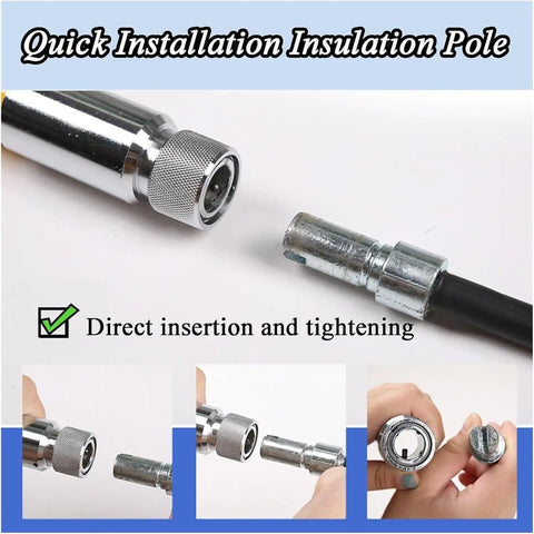 Close-up of High Voltage Insulated Rescue Hook For Electrocution Safety Two Meter Long Heavy Duty Pole with connection detail