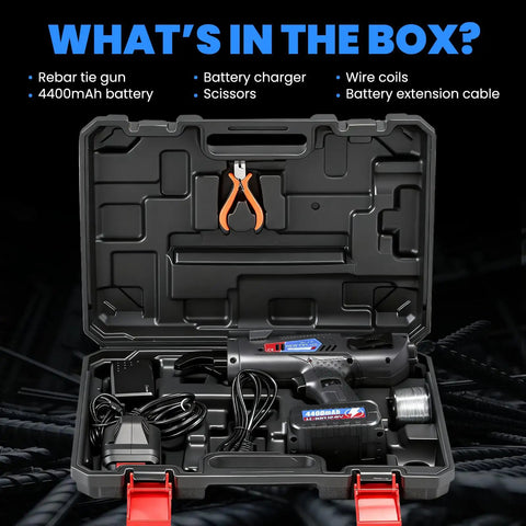 Contents of Newtry Cordless Rebar Tie Gun Automatic Electric Tying Tool kit including battery, charger, and accessories.