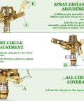 Four Piece 1/2 Inch Heavy Duty Brass Impact Sprinkler Set With Fully Adjustable 360 Degree Rotation instructions for spray distance and pattern adjustment.