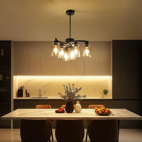 6 Light Modern Chandeliers For Dining Room Black Hanging Light Fixture over kitchen island with glass shades