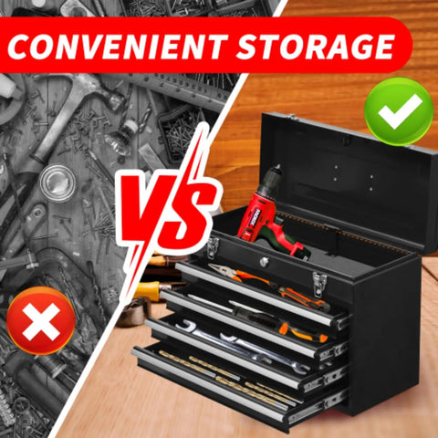 20.5 Inch Portable Metal Tool Box With Four Ball Bearing Sliding Drawers Auto Lock Security Powder Coated Finish Heavy Duty Multi Function Tool Organizer For On The Go Worksite And Vehicle Trunk showing convenient storage versus cluttered workspace.