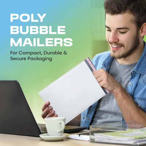 Man holding White Small Poly Bubble Mailers 6x10 Inch Self Seal Padded Envelopes Waterproof Lightweight Usable 6x9 Inches