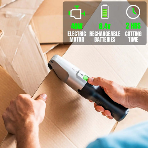 Electric Cardboard Cutter For Home, Office And Industrial Use, A True Workhorse Box Cutter With Hidden Safe Blade For Effortless Cardboard Slicing And Quick, Clean Box Opening in use on a box, 40W motor