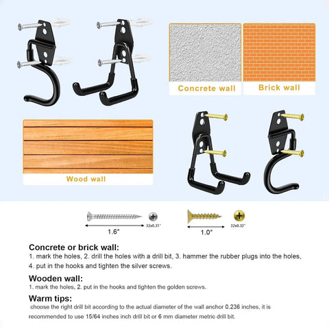 Installation guide for Heavy Duty Garage Hooks Storage Kit on concrete, brick, and wood walls, showing screws and wall anchors.