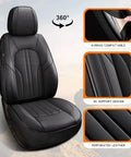 All In One Waterproof Leather Car Seat Cover Set With Nappa Finish Includes Two Front And Three Back Covers Universal Fit For Most Cars SUVs And Trucks Black Premium Seat Protector No Hassle Install showcasing 360-degree view and design details including airbag compatibility, 3D support, and perforated leather.