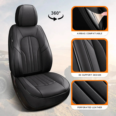 All In One Waterproof Leather Car Seat Cover Set With Nappa Finish Includes Two Front And Three Back Covers Universal Fit For Most Cars SUVs And Trucks Black Premium Seat Protector No Hassle Install showcasing 360-degree view and design details including airbag compatibility, 3D support, and perforated leather.