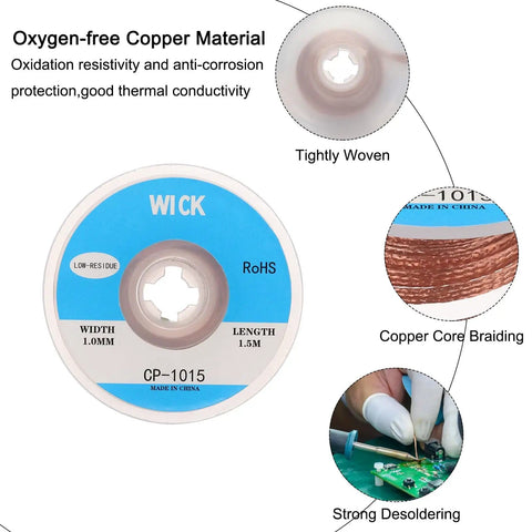 Desoldering Wick Braid For Electronics No Clean Solder Removal 0.04 To 0.14 Inch Width 5 Feet Length Oxygen Free Copper Easy PCB