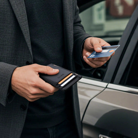 Man holding Ultra Slim Front Pocket RFID Blocking Leather Wallet For Men And Women In Carbon Fiber Black by a car, inserting card.